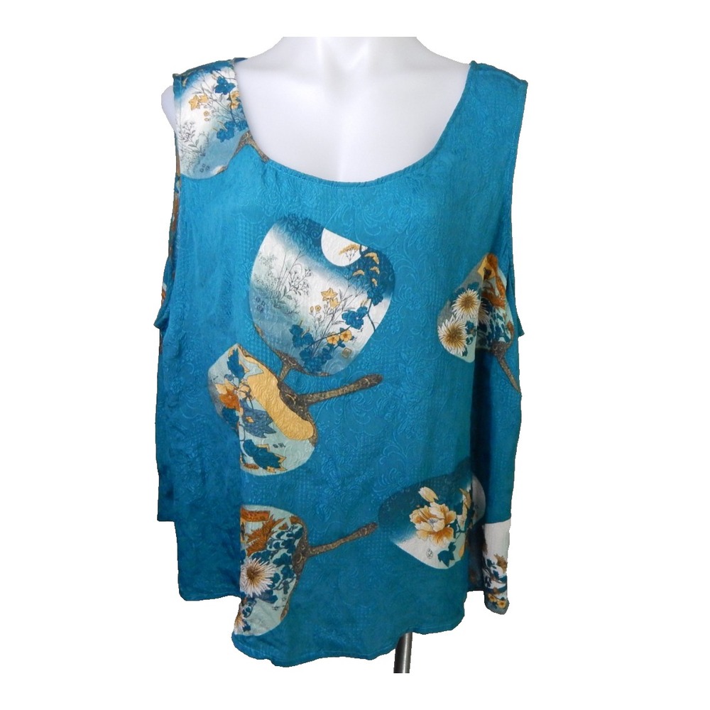Citron Santa Monica Tank Top Teal Silk Asian Fan Print Floral Embossed